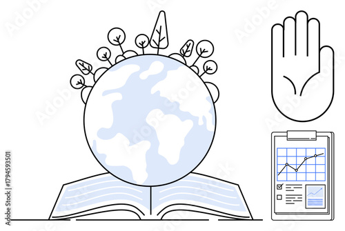 Globe surrounded by plants on open book, raised hand, clipboard with chart. Ideal for sustainability, education, nature conservation, human rights, growth progress environmental care. Simple flat