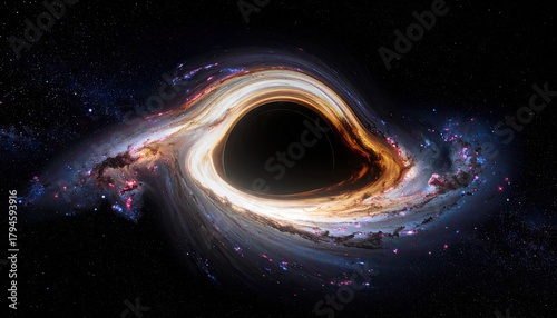Fotografija Simulated Black Hole in Space with Swirling Galaxy Arms and Intense Light Distor