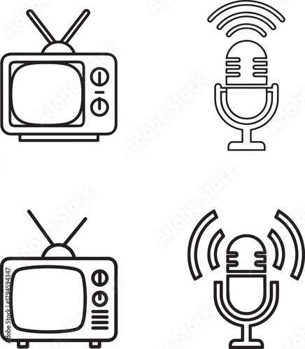 Vintage and modern television and microphone icons representing broadcast and podcasting media