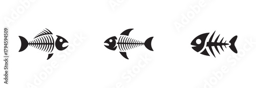 Fish bone icons, silhouette fishbones print, collection of marine fish skeleton, cartoon dead fish bone, vector illustration EPS 10.