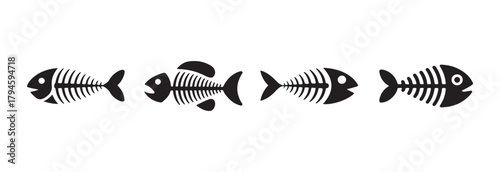 Black fish bone, fishbone isolated skeleton vector silhouettes, vector illustration of dead fish, vector illustration EPS 10.