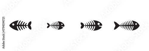 Fish bone icons, silhouette fishbones print, collection of marine fish skeleton, cartoon dead fish bone, vector illustration EPS 10.