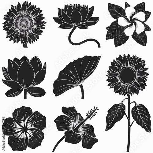 Floral Symphony: A captivating arrangement of various flowers, presented in an elegant silhouette design, evoking a sense of artistic finesse.