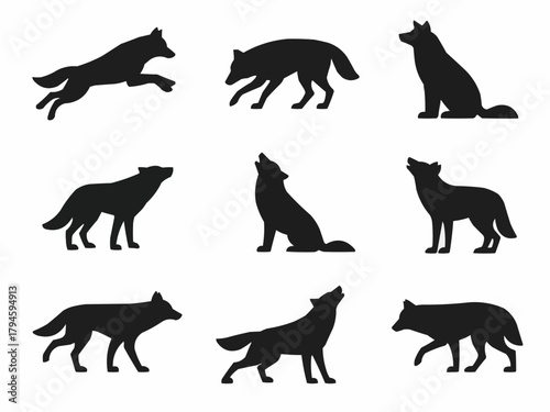 Wolf Silhouettes: A graphic array of wolf silhouettes, each capturing the grace and power of the animal in different poses. A visual story, the image showcases the wild and untamed beauty