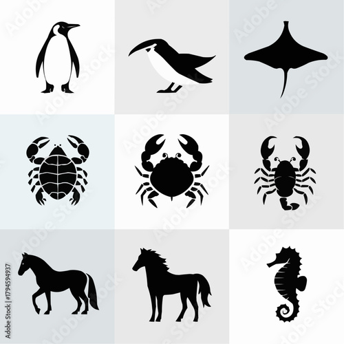 Monochrome Menagerie: A stylized collection of aquatic and terrestrial creatures, rendered in striking black silhouettes, showcasing the beauty of the animal kingdom.