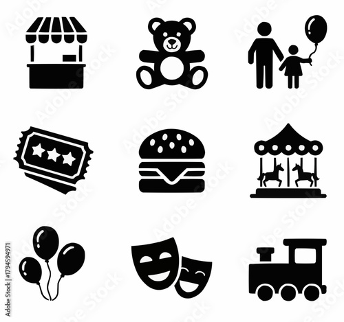 Carnival Icons: A collection of playful icons captures the essence of carnival fun, showcasing iconic symbols that bring the joy and festivity of a fair to life.