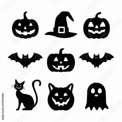 Halloween Silhouettes: A collection of festive silhouettes, including carved pumpkins, a witch's hat, bats, and a spooky black cat, perfectly capture the spirit of Halloween.