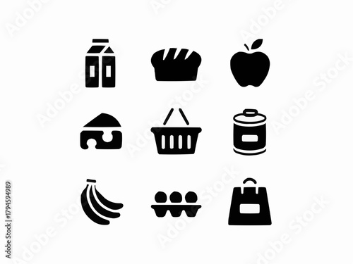 Groceries Icon Set: A neatly arranged collection of food items, each meticulously represented in a monochrome icon set.