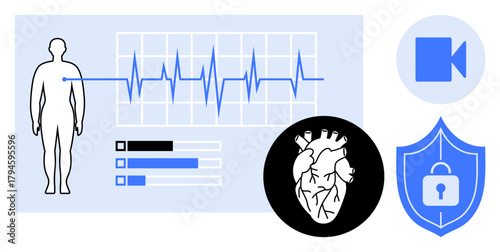 Human figure beside ECG graph with heart diagram, data analytics, and security shield. Ideal for healthcare, technology, protection, data privacy, wellbeing diagnostics digital safety. Simple flat