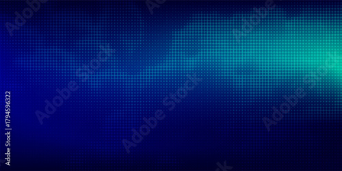 halftone with blue-green gradation, abstract background pattern, neon light reflecting walls and floors, dark colors, and feel the speed of digital technology connected with blue-green background.