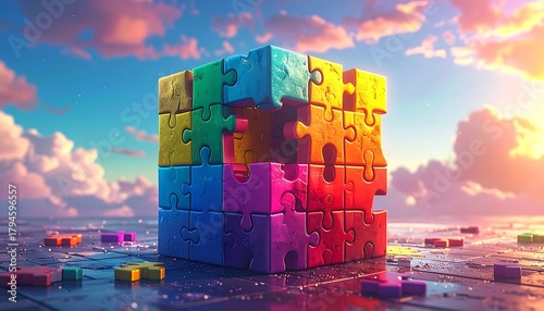 Colorful puzzle cube, many unattached pieces, against a soft, blurry sky with a few clouds, on a bright, flat surface