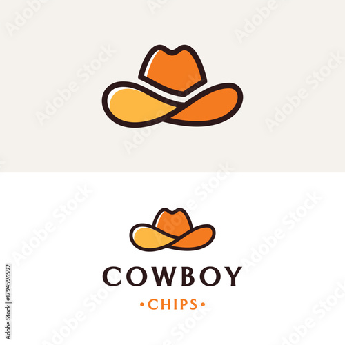 Modern logo featuring a cowboy hat, perfect for food brands needing a memorable western themed design, snack appeal