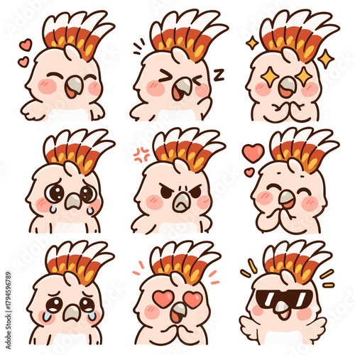 A set of cute anime parrots illustrations doing different activities with different expressions.Stickers or badges. Salmon-crested Cockatoo