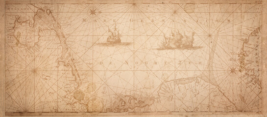 Old map collage background. A concept on the topic of sea voyages, discoveries, pirates, sailors, geography, travel and history. Effect of overlay on old texture of paper. 