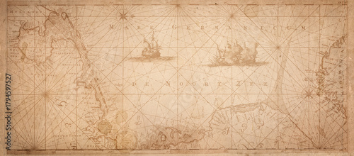 Old map collage background. A concept on the topic of sea voyages, discoveries, pirates, sailors, geography, travel and history. Effect of overlay on old texture of paper. 