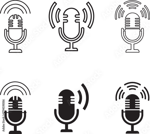 Collection of vintage and modern microphone icons representing sound and broadcasting  in outline and silhouette styles