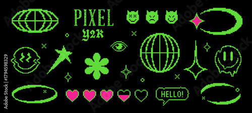 Retro pixel Y2K icons set. Abstract vector elements in vaporwave acid style. Geometric sticker shapes in pixel art style. Digital brutalist techno glitch bitmap symbols collection. Isolated