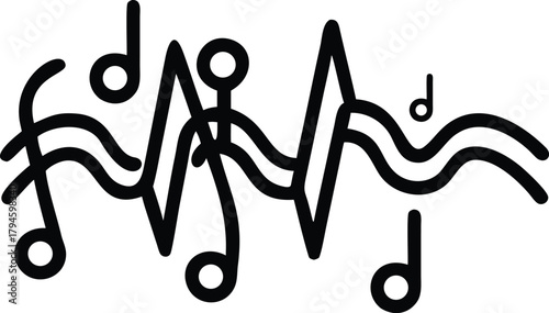 Illustration of a treble clef and musical notes on a staff in black and white design style art