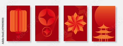 Happy Chinese New Year poster background set. Minimalist cover template with lantern, pagoda and flower. Suitable for festive, event and print. Vector