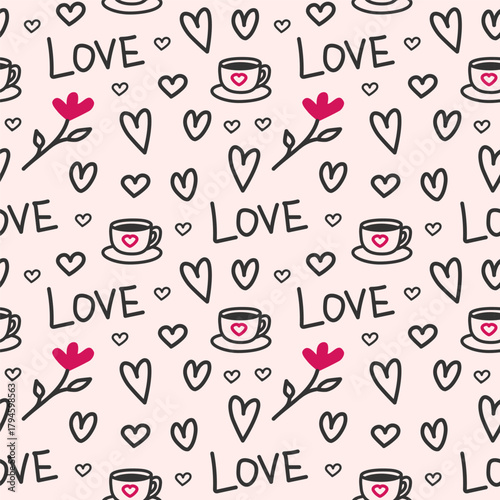 Seamless vector pattern with marker-drawn hearts, a cup of coffee and inscriptions on a beige background