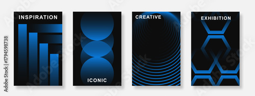 Modern blue gradient poster background set. Elegant cover template with geometric shape design. Suitable for banner, flyer, social media, club, party and ads. Vector