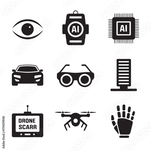 Collection of future technology icons isolated on white background in black