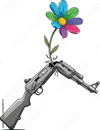 Anti-War Concept Flower Growing Out of Rifle Illustration