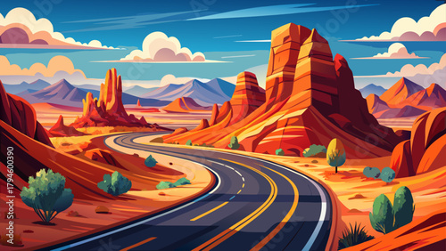 Very beautiful road winding through Valley of Fire State Park in Nevada, featuring dramatic red sandstone formations, sweeping desert vistas, and a striking contrast between the paved roadway and the 