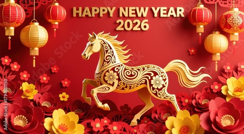 Paper-cut style golden horse with floral patterns on a red background, surrounded by paper flowers and hanging lanterns. Happy New Year 2026 greeting banner.
