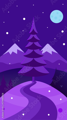 Purple landscape with mountains and a pine tree