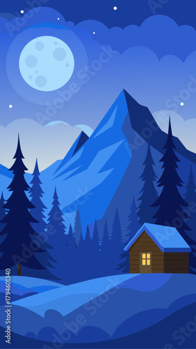 Cabin in the snowy mountains under the moonlight