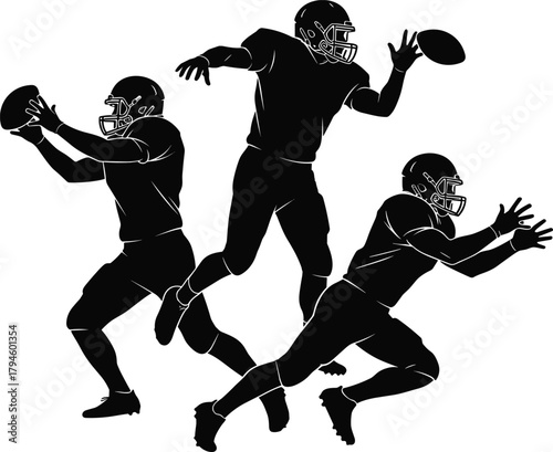 Dynamic American Football Players Catching and Throwing Silhouettes