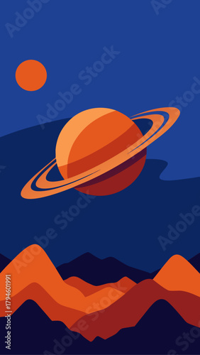 Illustration of saturn above mountains and moon