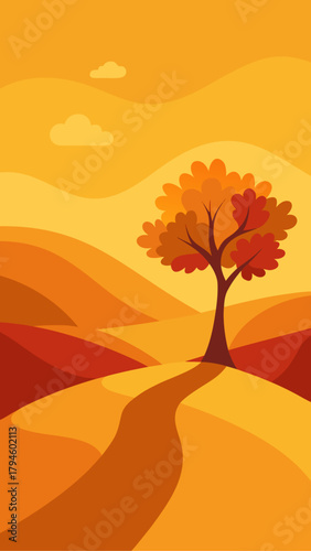 Autumn landscape with tree and rolling hills view