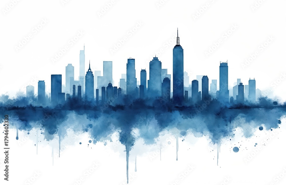 Obraz premium Abstract blue watercolor city skyline illustration features modern downtown buildings. Urban landscape with skyscrapers reflects business, tech, travel themes. Artistic artwork great for creative