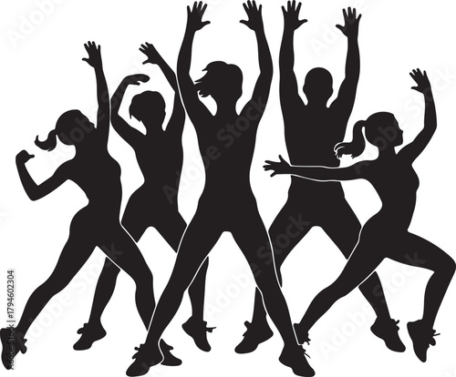 Dynamic Silhouette of Group Aerobics Class Energetic Fitness Workout with Upraised Arms and Legs Set Against Transparent Background