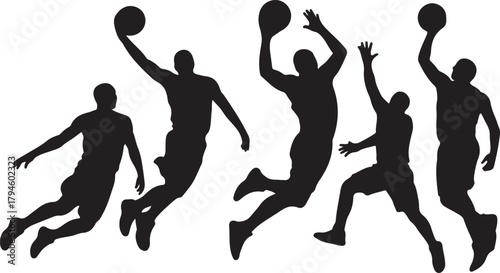 Dynamic Silhouette of Basketball Players in Action Capturing Jumps Shots and Playmaking Moves on Transparent Creative Background