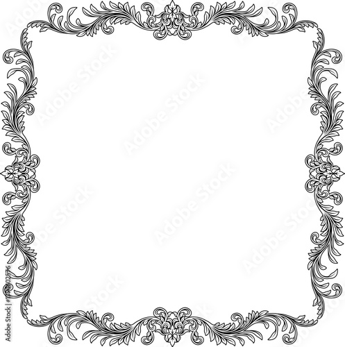 A filigree heraldic crest motif floral pattern border frame. Original design in a vintage style.