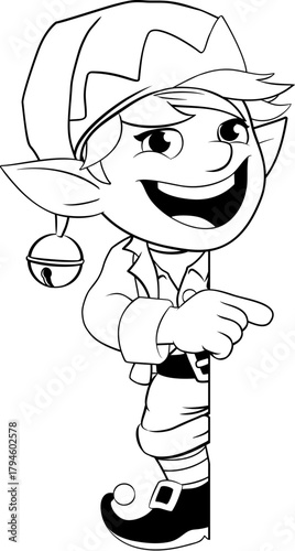 Christmas elf Santa Claus helper cartoon character peeking around a sign illustration