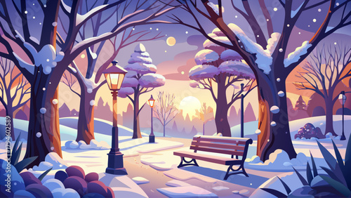 A calm and intimate winter setting showing snow-coated trees and empty benches, with soft warm lighting creating a dreamy and romantic winter mood
