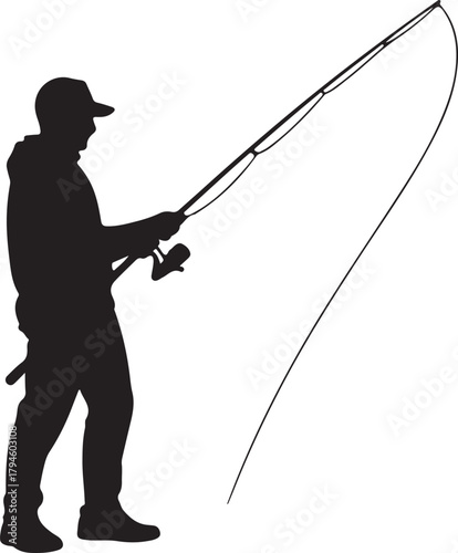 Fisherman Casting Fishing Rod and Reel Silhouette Angler Hooking Fish Recreational Sport Outdoor Activity Hobby Leisure Pursuit Relax