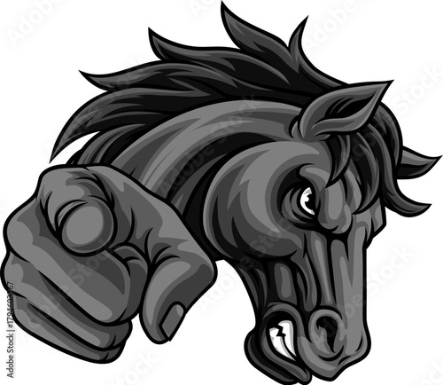 Horse mustang bronco stallion angry mean tough sports team mascot cartoon character design.