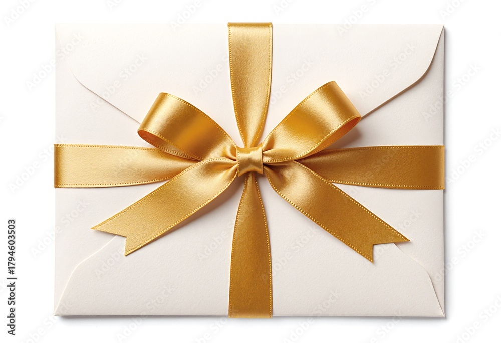 Fototapeta premium Blank gift card or invitation envelope with a golden satin ribbon bow