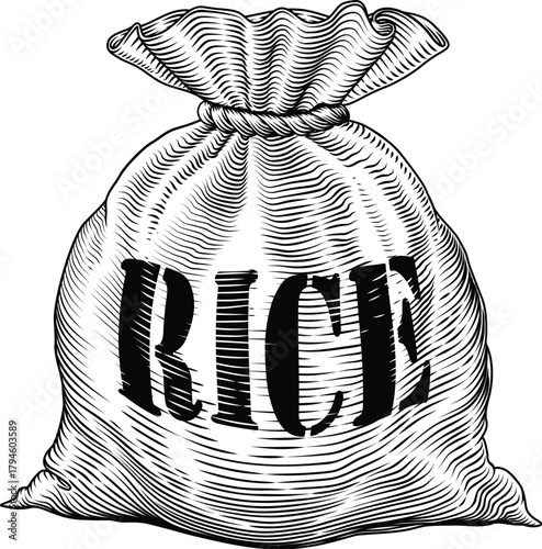 A sack or bag of rice in a vintage woodcut style
