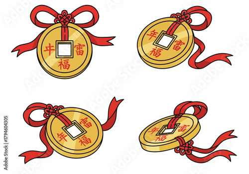 A collection of four illustrated Chinese lucky coins, each tied with a decorative red ribbon and knot for good fortune.