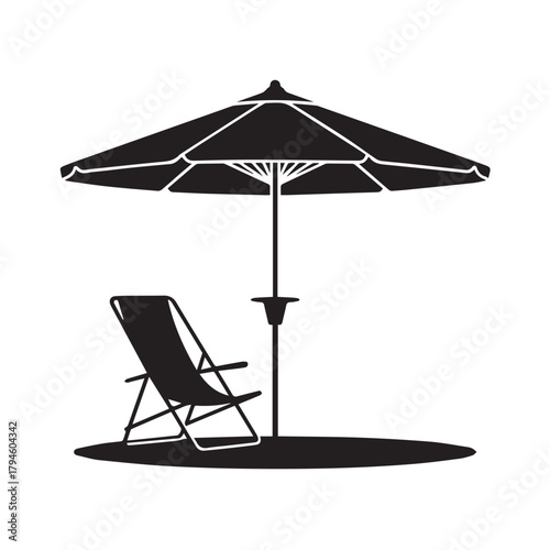 Silhouette of beach chair and umbrella isolated on white background