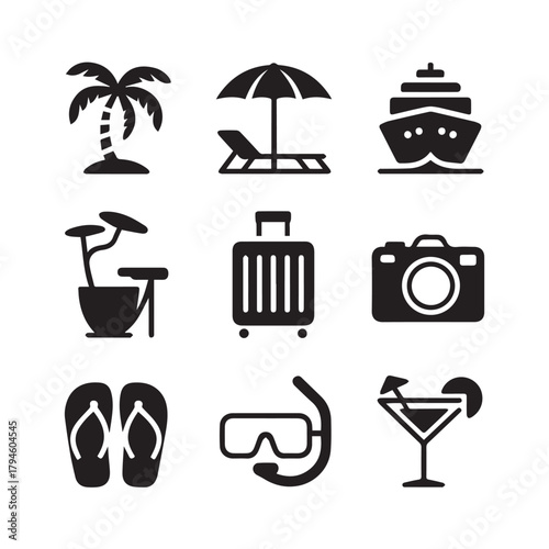 Summer vacation and beach equipment icons isolated on white background, vector set