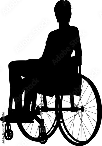 Silhouette of a person sitting in a wheelchair, viewed from an angle with legs extended forward. Represents mobility support, accessibility, and disability inclusion in society.