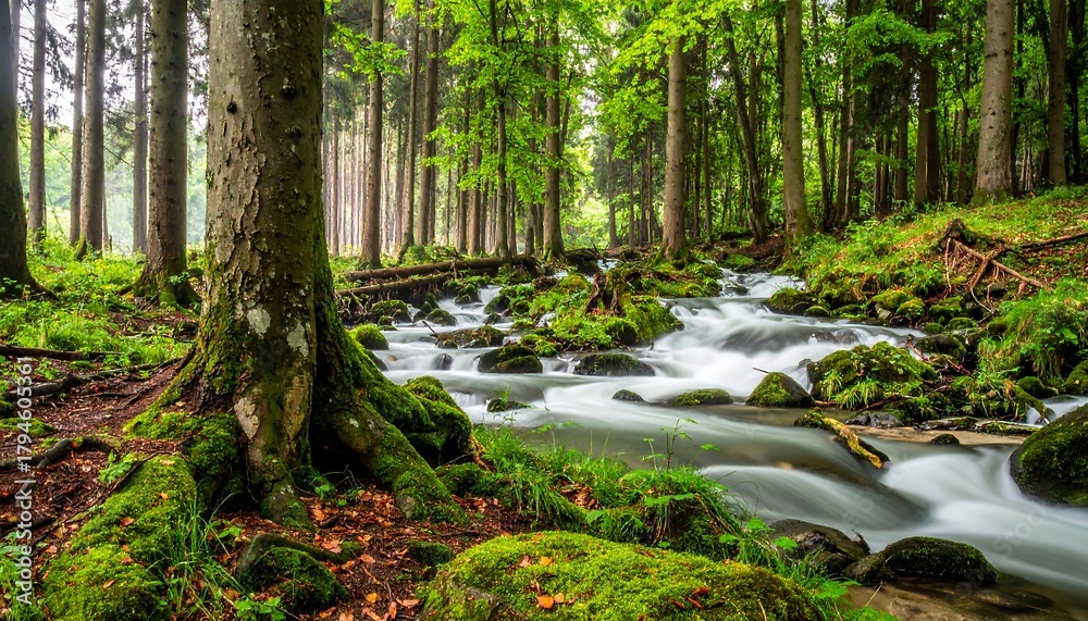 Naklejka premium Stream flowing through a lush green forest, trees lining the banks, rocks covered in moss and blurred moving water