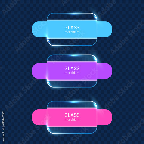 Glassmorphism neon buttons set modern UI design